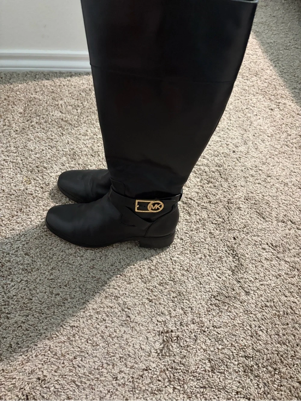Michael Kors Black Leather Mid-Calf Boots with Gold MK Accent